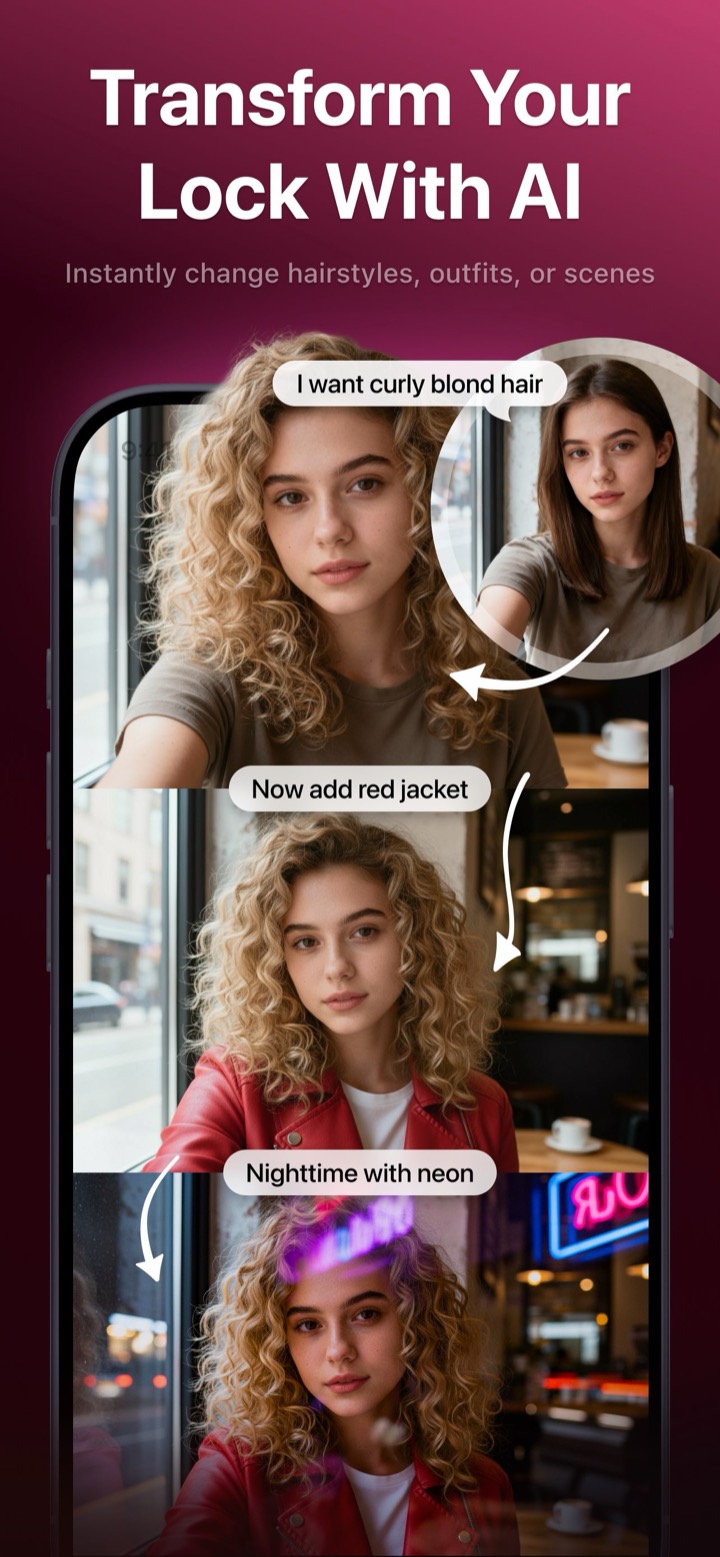 Photix AI Edit transforming a selfie step by step — adding curly blond hair, then a red jacket, then a neon night scene
