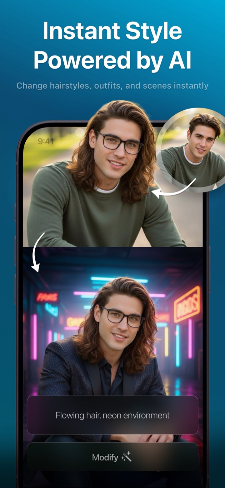 Photix changing a man's portrait to flowing hair in a neon environment using an AI edit