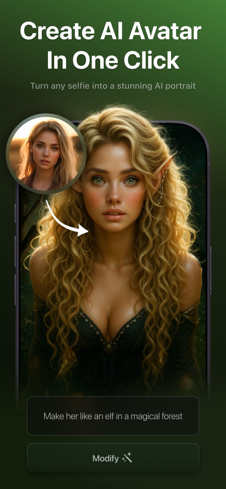 Photix AI Avatar turning a selfie into a fantasy elf portrait in a magical forest
