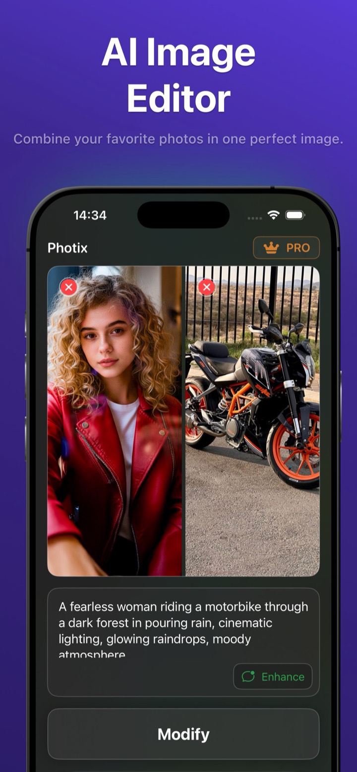 Photix AI Edit combining a portrait and a motorbike photo into one cinematic image from a text description