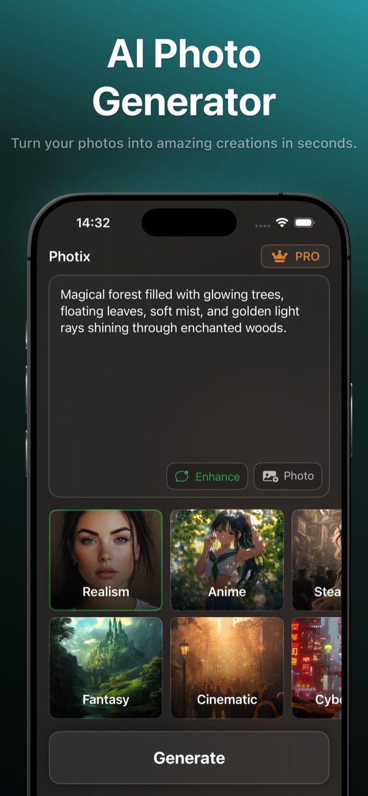 Photix AI Photo Generator with a magical forest prompt and a gallery of art styles including Realism, Anime, Fantasy, and Cinematic